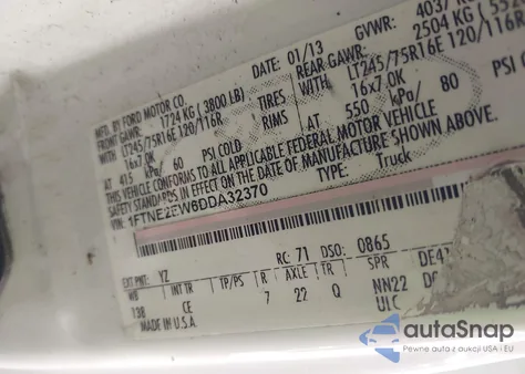 2013 Ford E-250 Commercial z USA, uszkodzony, nr VIN 1FTNE2EW6DDA32370